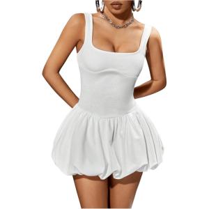 imageMilumia Womens Square Neck Sleeveless Ruffled Bubble Mini Tank DressWhite