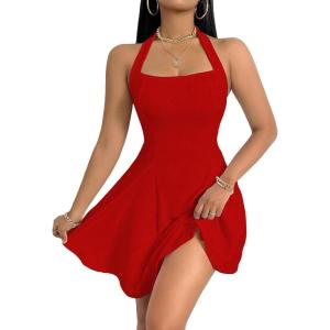 imageMilumia Womens Striped Halter Mini Dress A Line Flared Sleeveless Summer DressesRed