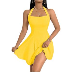 imageMilumia Womens Striped Halter Mini Dress A Line Flared Sleeveless Summer DressesYellow