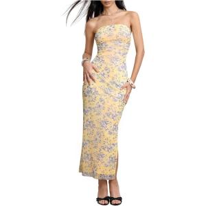 imageMilumia Womens Summer Disty Floral Bodycon Maxi Dress Strapless Tube Top Long Dresses Wedding Guest PartyBlue and Yellow