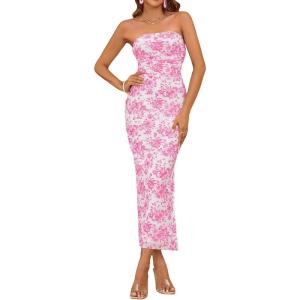 imageMilumia Womens Summer Disty Floral Bodycon Maxi Dress Strapless Tube Top Long Dresses Wedding Guest PartyFloral Pink and White