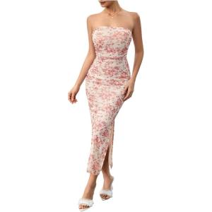 imageMilumia Womens Summer Disty Floral Bodycon Maxi Dress Strapless Tube Top Long Dresses Wedding Guest PartyPink and White