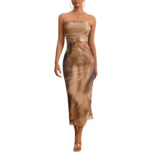 imageMilumia Womens Summer Strapeless Tube Top Dresses Side Slit Ruched Bodycon Maxi Dress VacationAll Brown