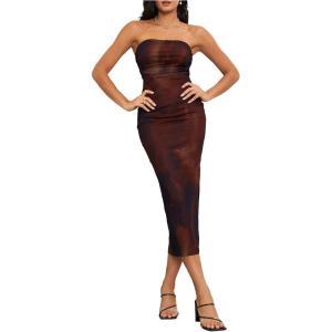 imageMilumia Womens Summer Strapeless Tube Top Dresses Side Slit Ruched Bodycon Maxi Dress VacationBrown and Red