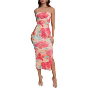 imageMilumia Womens Summer Strapeless Tube Top Dresses Side Slit Ruched Bodycon Maxi Dress VacationPink Light Blue