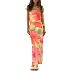 imageMilumia Womens Summer Strapeless Tube Top Dresses Side Slit Ruched Bodycon Maxi Dress VacationYellow and Pink