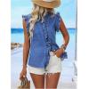 imageMilumia Women Ruffle Trim Denim Tank Top Button up Sleeveless Blouse Shirts
