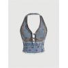imageMilumia Womens Cherry Print Deep V Neck Denim Halter Tops Y2K Backless Bow Tie Front Jean Tank TopBlue