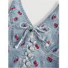imageMilumia Womens Cherry Print Deep V Neck Denim Halter Tops Y2K Backless Bow Tie Front Jean Tank TopBlue