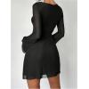 imageMilumia Womens Mesh Long Bell Sleeve Mini Dress Boat Neck Short DressesBlack