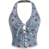 imageMilumia Womens Cherry Print Deep V Neck Denim Halter Tops Y2K Backless Bow Tie Front Jean Tank TopBlue