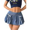 imageMilumia Womens Denim Bowknot Decor Mini Skirts Ruched Hem Bubble SkirtsBlue