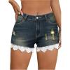 imageMilumia Womens Lace Trim Ripped Denim Shorts Drop Waist Straight Leg Shorts with PocketDark Wash
