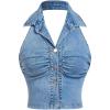 imageMilumia Womens Ruched Button Front Denim Halter Top Sleeveless Collar Neck Summer Crop TopsBlue