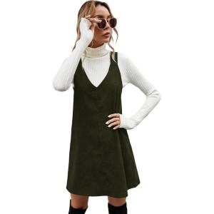 imageMilumia Women V Neck Corduroy Pinafore Overall Mini Dress Jumper DressArmy Green