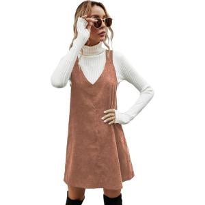 imageMilumia Women V Neck Corduroy Pinafore Overall Mini Dress Jumper DressTawny Brown