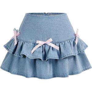 imageMilumia Womens Bow Knot Decor Denim Ruffle Skirt Cute Tiered Layered Mini SkirtsBlue