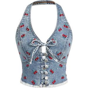 imageMilumia Womens Cherry Print Deep V Neck Denim Halter Tops Y2K Backless Bow Tie Front Jean Tank TopBlue