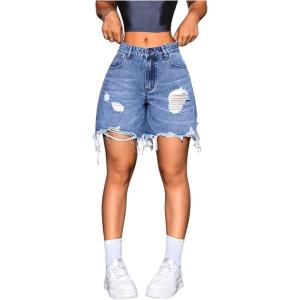 imageMilumia Womens Distressed Frayed Low Waisted Denim Shorts Wide Leg Raw Hem Jean ShortsBlue