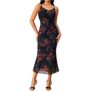 imageMilumia Womens Floral Ruched Mesh Bodycon Maxi Dress Cowl Neck Long Cami DressBlack and Red
