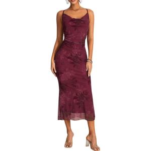 imageMilumia Womens Floral Ruched Mesh Bodycon Maxi Dress Cowl Neck Long Cami DressClaret