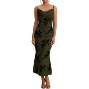 imageMilumia Womens Floral Ruched Mesh Bodycon Maxi Dress Cowl Neck Long Cami DressDark Green