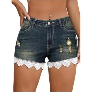 imageMilumia Womens Lace Trim Ripped Denim Shorts Drop Waist Straight Leg Shorts with PocketDark Wash
