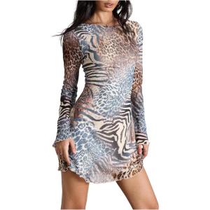 imageMilumia Womens Leopard Print Mini Dress Y2k Bell Long Sleeve Cheetah Short Dresses Going OutBrown and Grey