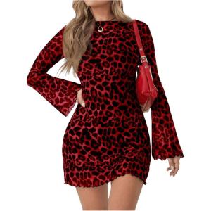 imageMilumia Womens Leopard Print Mini Dress Y2k Bell Long Sleeve Cheetah Short Dresses Going OutRed