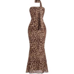 imageMilumia Womens Leopard Print Strapless Bodycon Maxi Dress Mesh Long Tube Top DressBrown