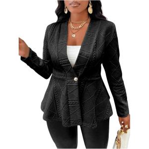imageMilumia Womens Plus Size Textured Button Down Blazer V Neck Ruffle Hem JacketBlack