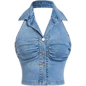 imageMilumia Womens Ruched Button Front Denim Halter Top Sleeveless Collar Neck Summer Crop TopsBlue