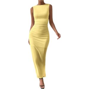 imageMilumia Womens Sleeveless Boat Neck Ruched Bodycon Maxi Dress Cocktail Long Dresses ElegantBright Yellow