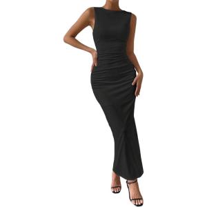 imageMilumia Womens Sleeveless Boat Neck Ruched Bodycon Maxi Dress Cocktail Long Dresses ElegantDark Black