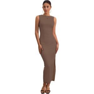 imageMilumia Womens Sleeveless Boat Neck Ruched Bodycon Maxi Dress Cocktail Long Dresses ElegantLight Brown