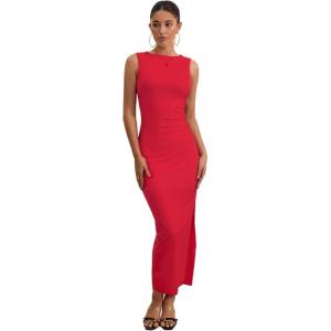 imageMilumia Womens Sleeveless Boat Neck Ruched Bodycon Maxi Dress Cocktail Long Dresses ElegantRed