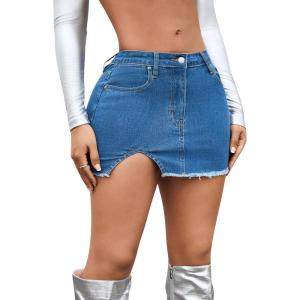 imageMilumia Womens Split Raw Hem Sexy Short Jean Skirts Y2k Low Waist Bodycon Mini Skirt Blue XXLarge