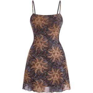 imageMilumia Womens Vintage 90s Mini Dress Spaghetti Strap Boho Mesh Short DressesAllover Brown and Purple