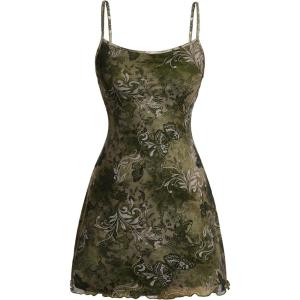 imageMilumia Womens Vintage 90s Mini Dress Spaghetti Strap Boho Mesh Short DressesAllover Green