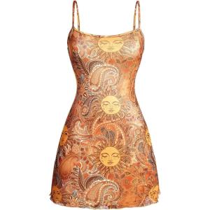 imageMilumia Womens Vintage 90s Mini Dress Spaghetti Strap Boho Mesh Short DressesAllover Orange
