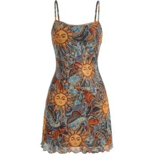 imageMilumia Womens Vintage 90s Mini Dress Spaghetti Strap Boho Mesh Short DressesAllover Sun Print Multicolor
