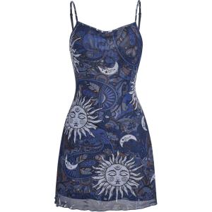 imageMilumia Womens Vintage 90s Mini Dress Spaghetti Strap Boho Mesh Short DressesBlue