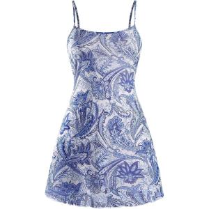 imageMilumia Womens Vintage 90s Mini Dress Spaghetti Strap Boho Mesh Short DressesBlue and White