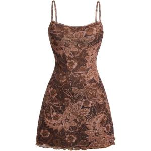 imageMilumia Womens Vintage 90s Mini Dress Spaghetti Strap Boho Mesh Short DressesBrown