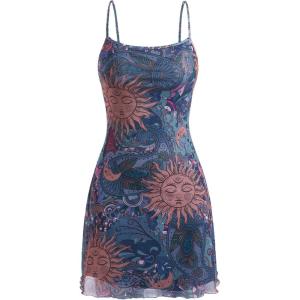imageMilumia Womens Vintage 90s Mini Dress Spaghetti Strap Boho Mesh Short DressesDusty Blue