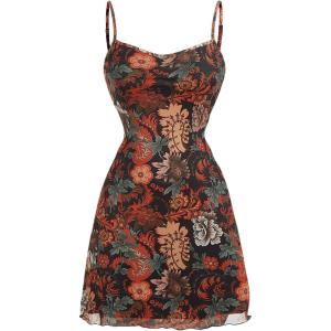imageMilumia Womens Vintage 90s Mini Dress Spaghetti Strap Boho Mesh Short DressesMulticolor