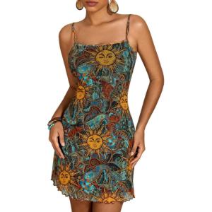 imageMilumia Womens Vintage 90s Mini Dress Spaghetti Strap Boho Mesh Short DressesMultiyellow