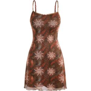 imageMilumia Womens Vintage 90s Mini Dress Spaghetti Strap Boho Mesh Short DressesRedwood