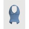 imageMilumia Womens Denim Halter Top Trendy Split Hem Backless Rave Going Out Tank TopBlue