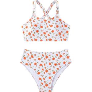imageMilumia Girls 2 Piece Floral Print Spaghetti Strap Bikini Set Swimsuit BeachwearWhite and Orange